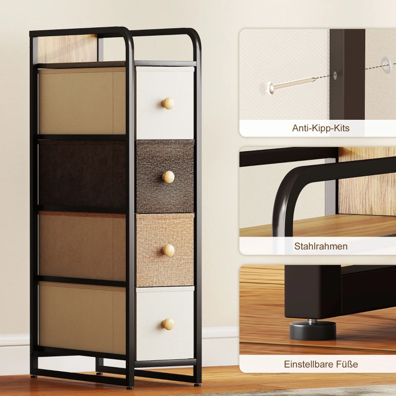 HOMCOM Kommode Schrank mit 4 Schubladen aus Vliesstoff Aufbewahrungsschrank mit Stahlrahmen, 20 x 47 x 84,5 cm, Mehrfarbig
