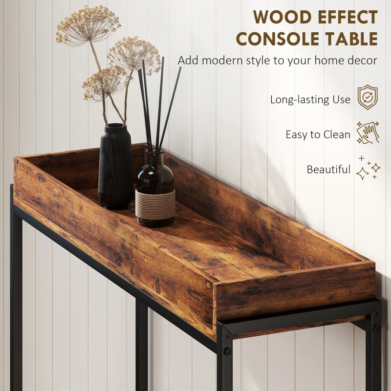 HOMCOM Slim Console Table with Raised Tray, Metal Frame – Rustic Brown
