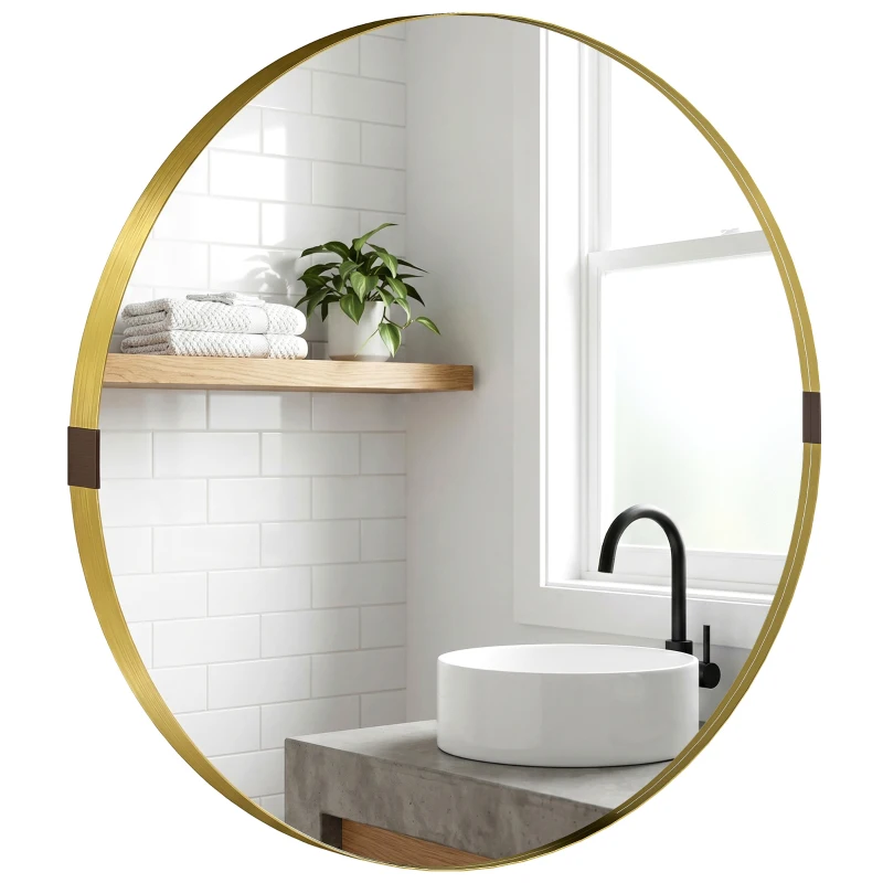 HOMCOM Round Wall Mirror 61 cm, Wall Mounted Bathroom Mirror with Tempered Safety Glass and Aluminium Alloy Frame, Gold Tone