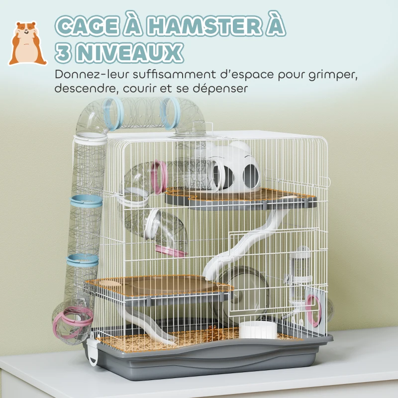 PawHut Cage hamster, cage rongeur à 3 niveaux, roue d'exercice, tunnel, gamelle, niche et rampe d'accès, 45 x 30 x 45 cm, gris