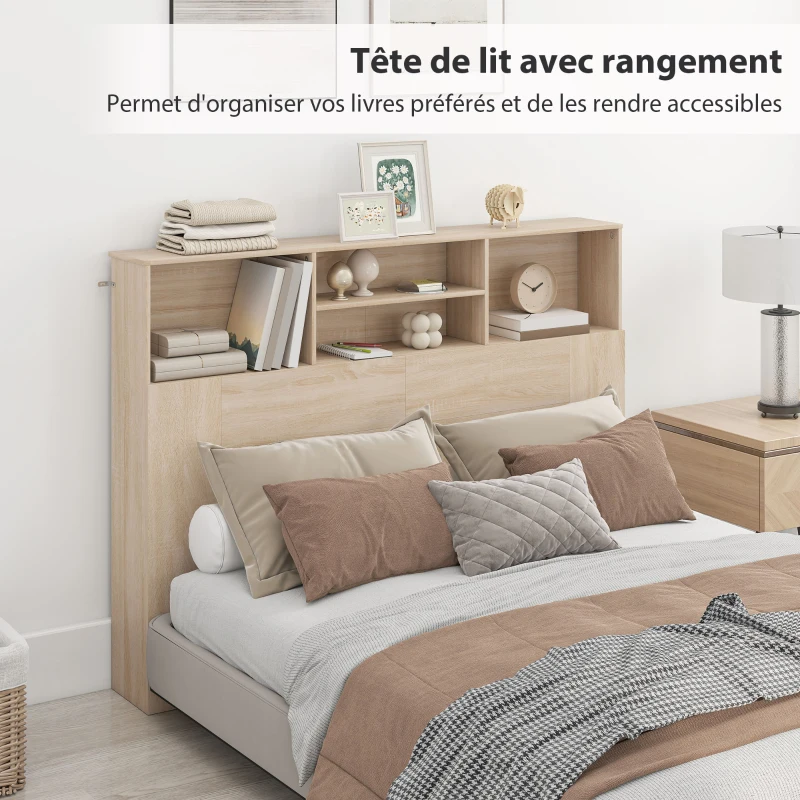 HOMCOM Tête de lit sur pied avec rangements, accessoire de lit 4 compartiments ouverts, 140 x 19 x 103,5 cm, effet bois naturel