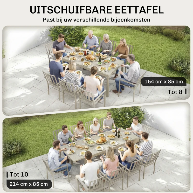 Outsunny Uitschuifbare Tuintafel 154/214 x 85 cm Aluminium Eettafel voor 8-10 Personen met Houtlook Lichtgrijs