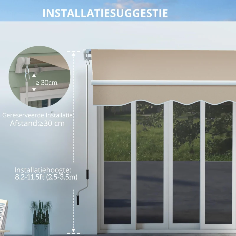 Outsunny Buiten handbediende knikarmluifel 4m met handslinger aluminium wit + beige(m-5)