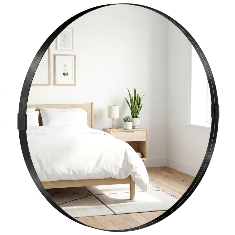 HOMCOM Round Wall Mirror 61 cm, Wall Mounted Bathroom Mirror with Tempered Safety Glass and Aluminium Alloy Frame, Black