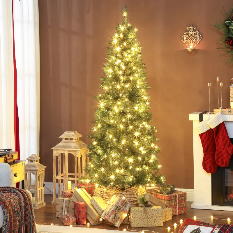HOMCOM Sapin de Noël artificiel 180 cm, arbre de Noël fin avec 250 lumières, 899 pointes, support en métal pliable, vert