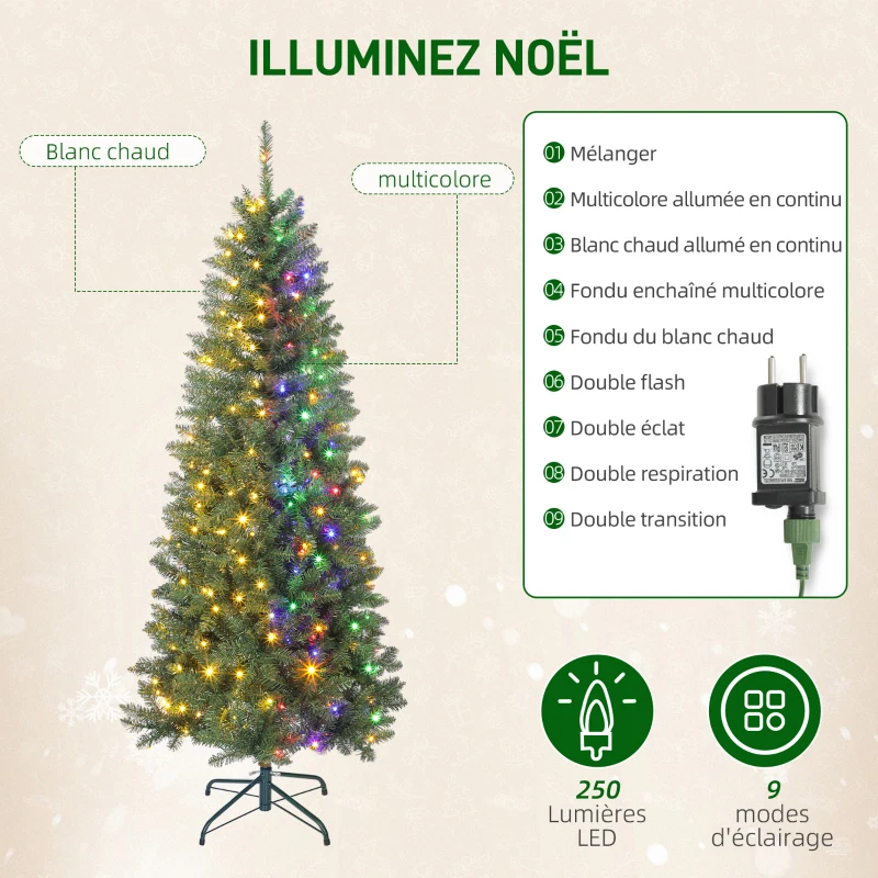 HOMCOM Sapin de Noël artificiel 180 cm, arbre de Noël fin avec 250 lumières, 899 pointes, support en métal pliable, vert
