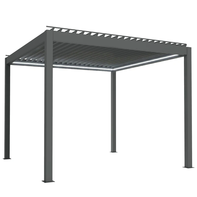 Outsunny 3 x 3(m) Electric Louvered Pergola with LED Lights, Aluminium Pergola Hardtop Gazebo with Remote, Adjustable Roof and Drainage System, Water and UV Proof
