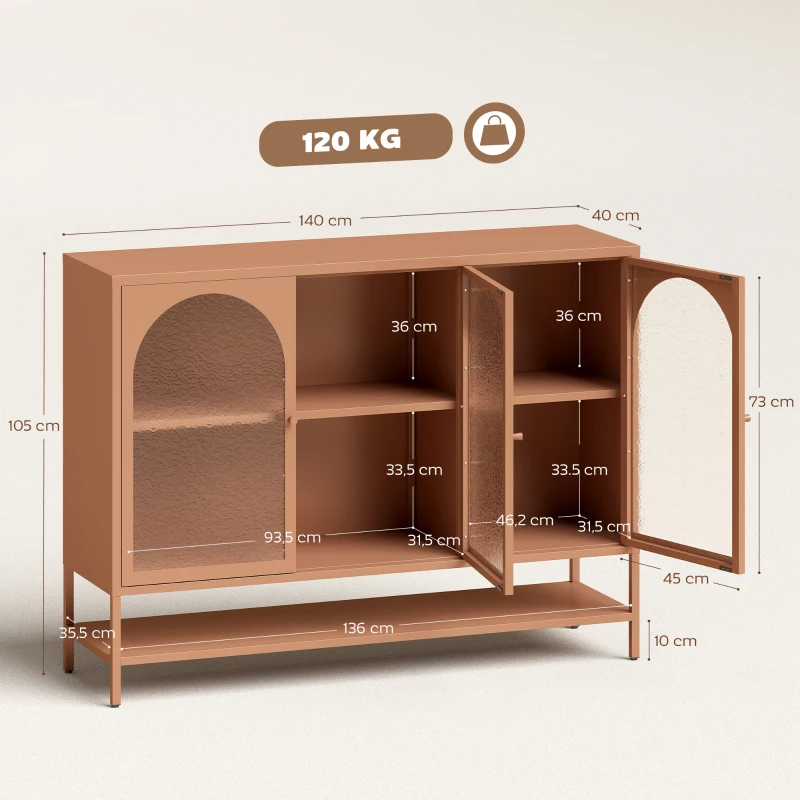 HOMCOM Buffet salon, meuble de rangement avec 3 portes vitrées cintrées et étagère ouverte, 140 x 40 x 105 cm, rouille