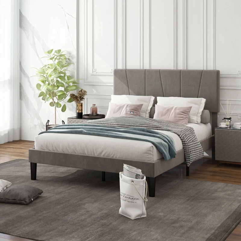 HOMCOM Cadre de lit double 140 x 190 cm lit 2 personnes tête de lit réglable sommier 150 x 198 x 100/105/110/115/120 cm gris