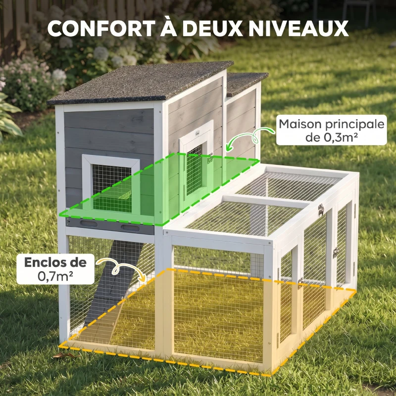 PawHut Clapier Lapin Extérieur en Bois Cage à Lapin Intérieur Double Toit Ouvrant Imperméable 2 Niveaux avec Enclos Gris