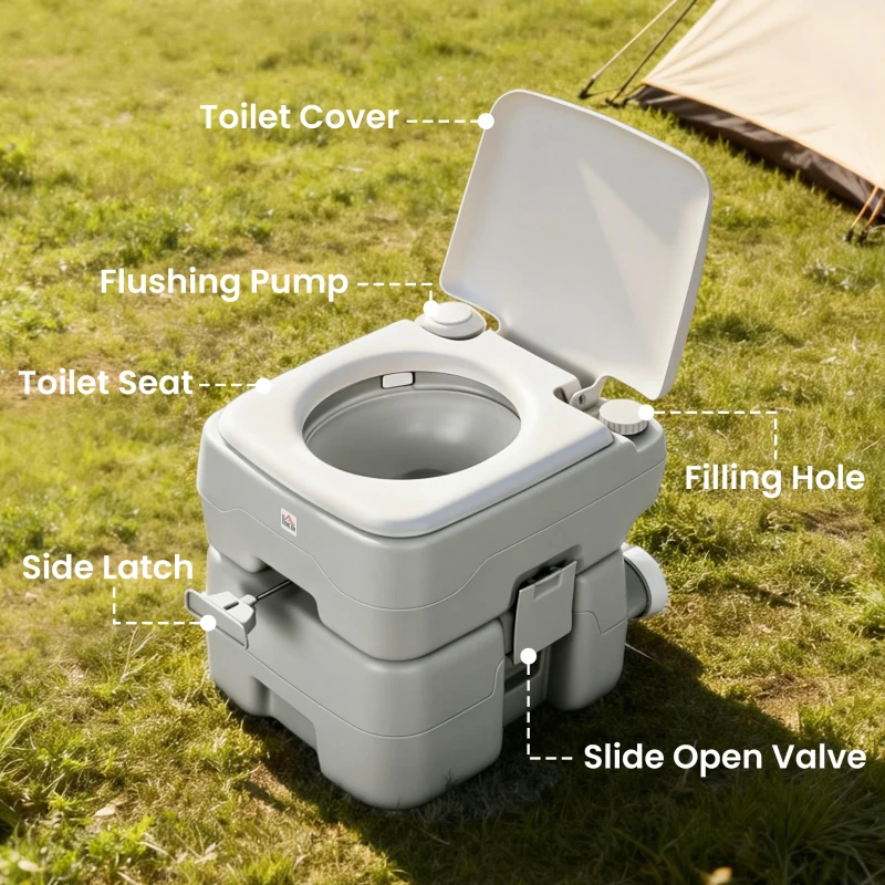 HOMCOM Przenośna toaleta kempingowa, maks. obciążenie 147 kg, 20L, do kempingu, wędrówek, podróży, wędkowania, 41,5 x 36,5 x 42 cm, szara