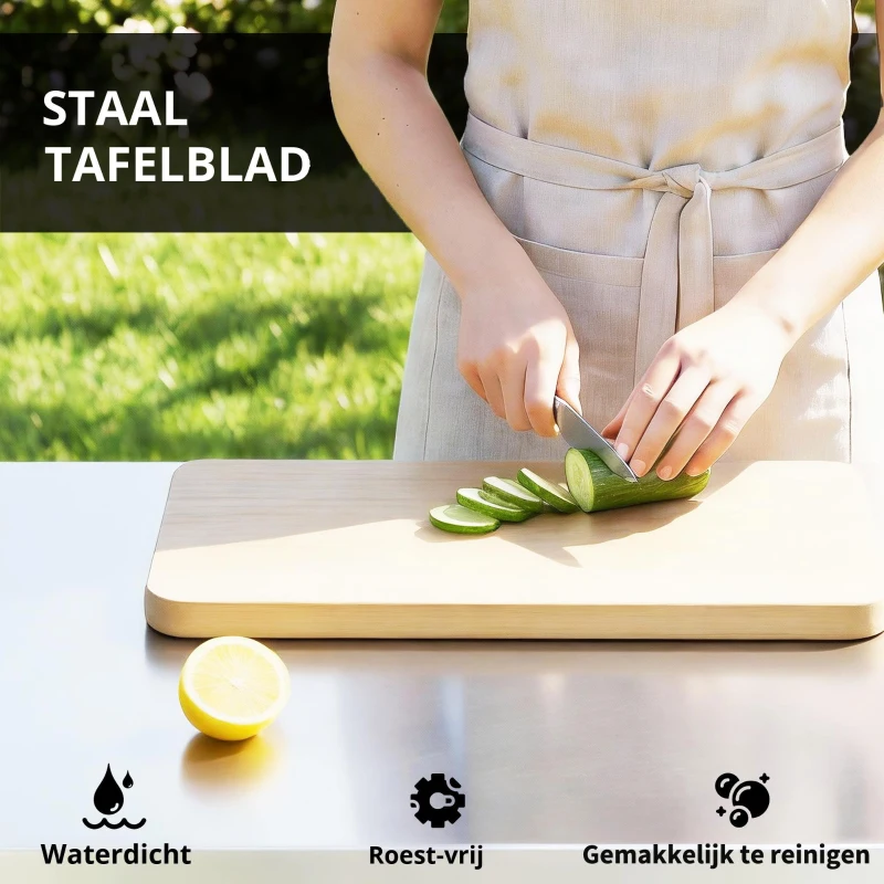 Outsunny Grillwagen met 5 niveaus, roestvrijstalen werkblad, verstelbare planken, lade, wielen, kruidenrek en handdoekhouder