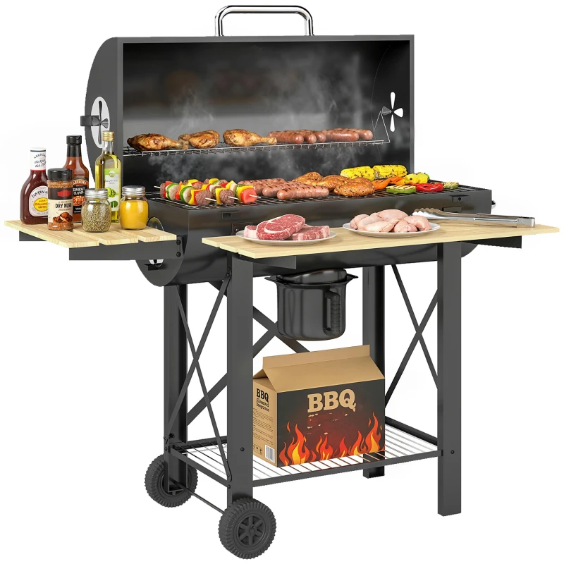 Outsunny Barbecue a Carbone, Griglia Mobile con Ripiani Pieghevoli e Termometro
