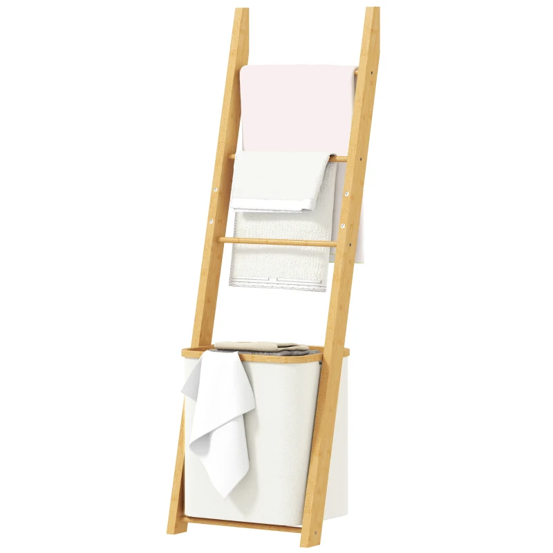 HOMCOM Badregal, 2-in-1 Badezimmerregal mit 3 Stangen, abnehmbarer 48L-Wäschekorb, Bambus, 43 x 35 x 133 cm, Cremeweiß