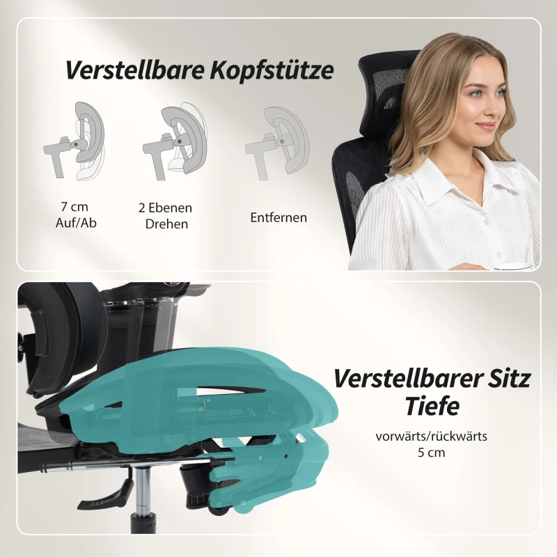 HOMCOM Bürostuhl Ergonomisch Schreibtischstuhl mit verstellbar Lenden- und Kopfstütze 6D-Klapparmlehnen Fußstütze Netz Schwarz