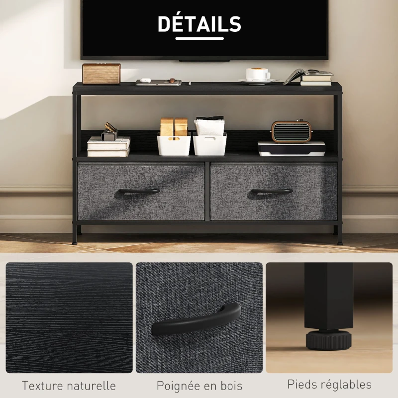 HOMCOM Meuble TV, meuble télé pour téléviseur jusqu'à 47 pouces avec 2 tiroirs et pieds en acier, 98 x 29 x 56 cm, gris foncé