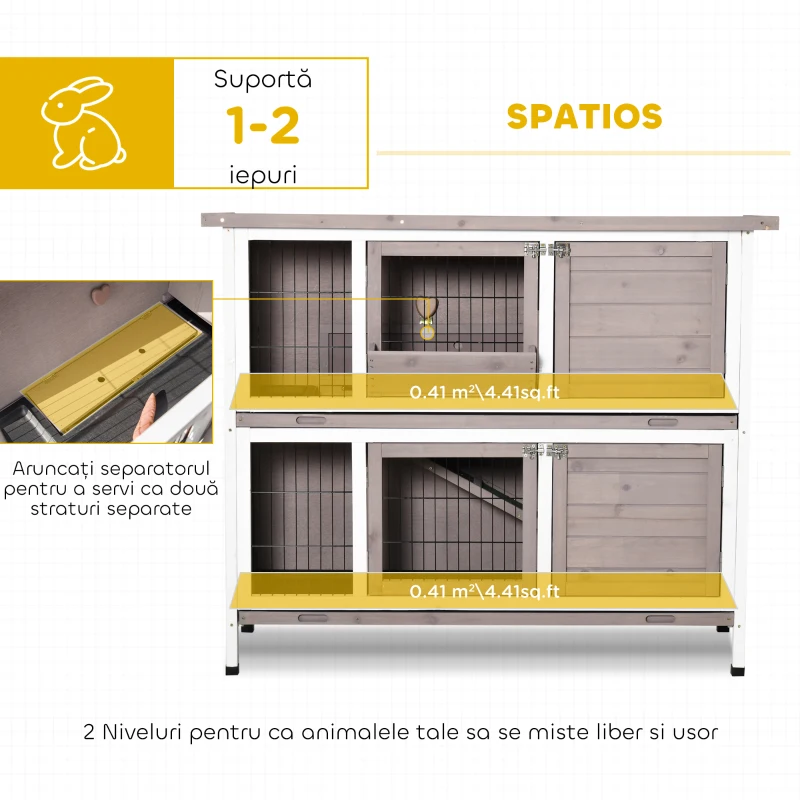 PawHut cușcă pentru iepuri din lemn cu 2 niveluri, acoperiș rabatabil, hrănitoare și tăvițe detașabile, 122x50x101 cm, maro