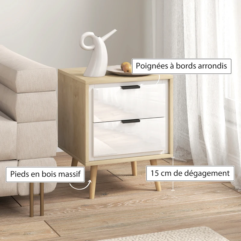 HOMCOM Table de chevet étroite, table d'appoint 2 tiroirs silencieux et pieds en bois massif, 40 x 35 x 50 cm, blanc brillant