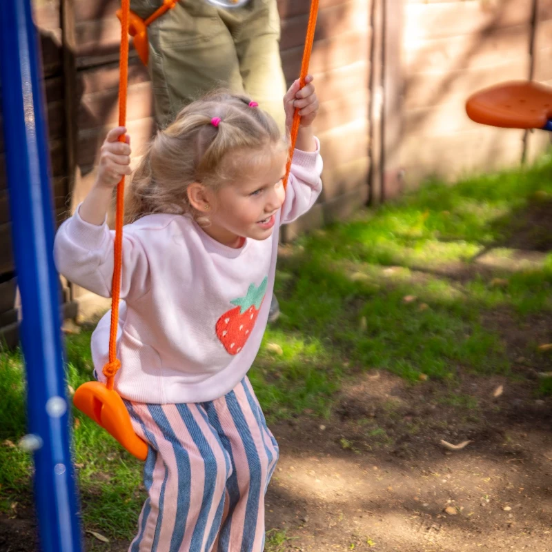 Outsunny Four-In-One Metal Garden Swing Set, with Double Swings, Glider, Slider, Ladder - Orange and Blue