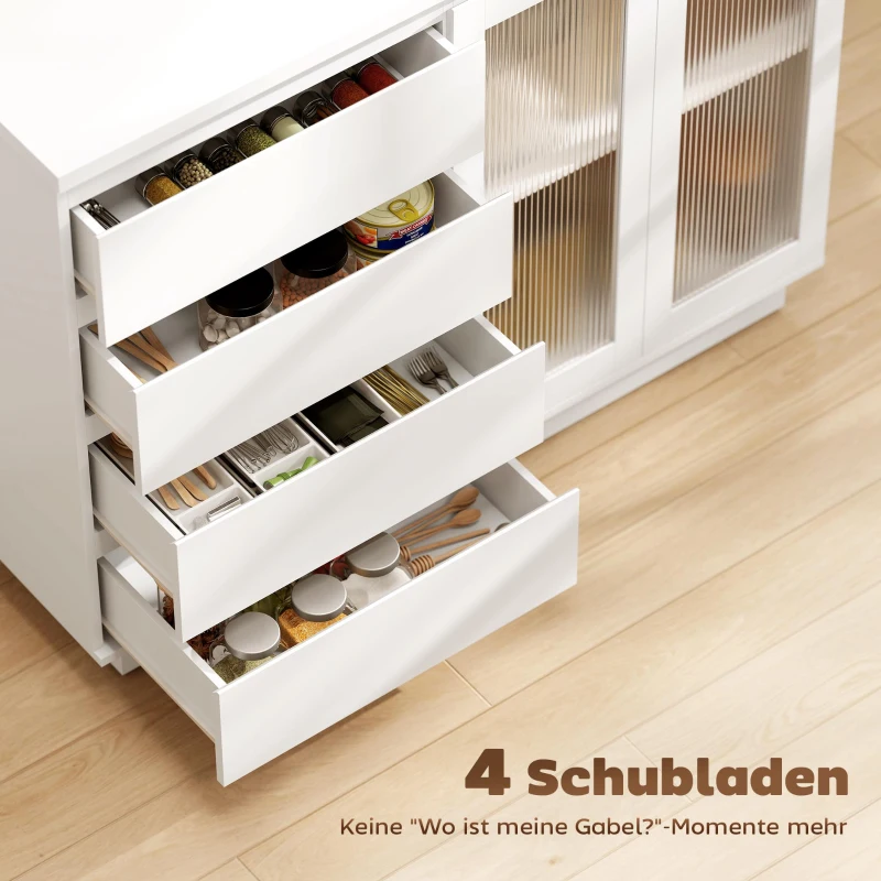 HOMCOM Buffetschrank, Sideboard mit 4 Schubladen, 2 Glastüren, modernes Design, MDF, Weiß