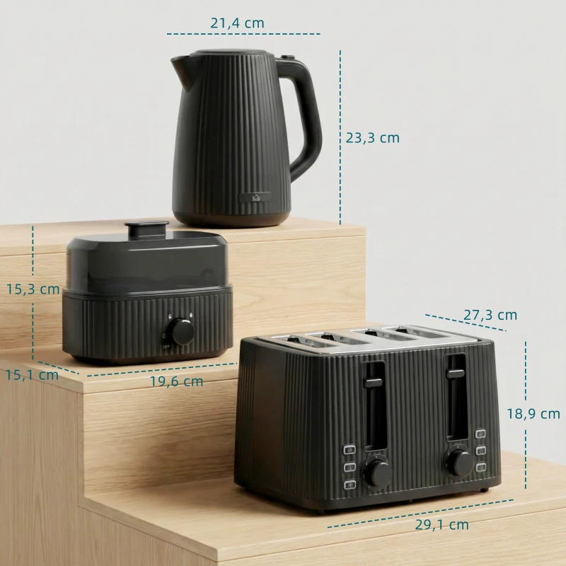 HOMCOM 1,7L Schnellkoch-Wasserkocher und 4-Scheiben-Toaster-Set, Eierkocher für 6 Eier mit Kontrollleuchte Schwarz
