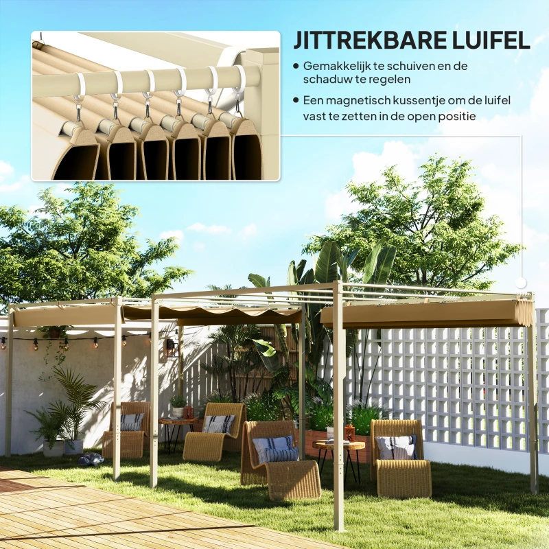 Outsunny 3 x 3 m tuinpergola met inrolbaar dak, paviljoen, luifel voor schaduw, UPF30+, Khaki