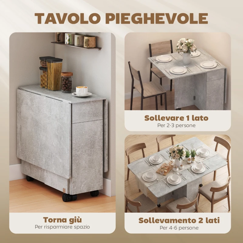 HOMCOM Tavolo da Pranzo Pieghevole a Ruote con 2 Cassetti, 2 Ante e Armadietto, in Legno, 140x76x74 cm, Grigio Cemento