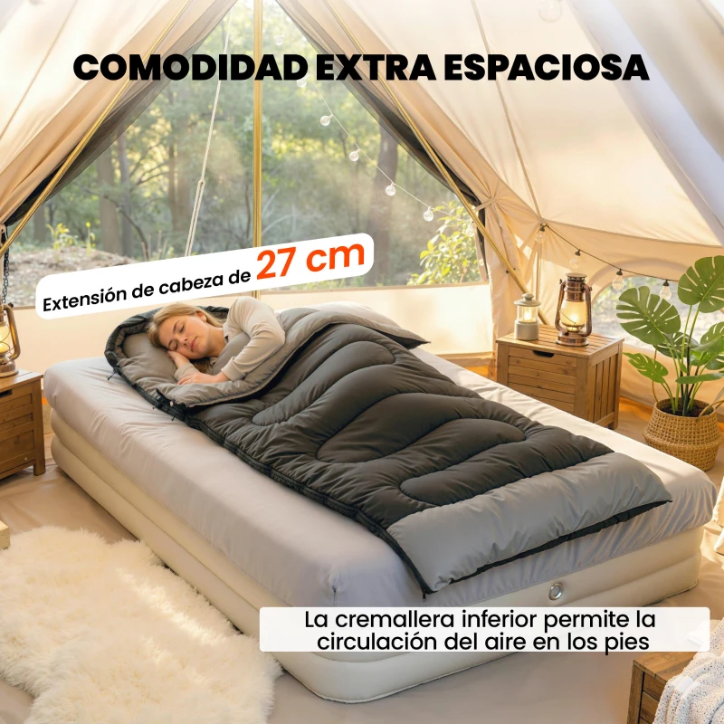 Outsunny Saco de Dormir Adulto Ligero y Compacto para 3 Estaciones Impermeable Portátil Tamaño Pequeño para Acampar Negro