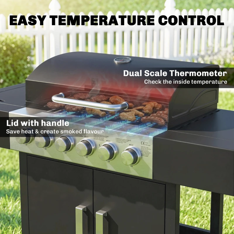 Outsunny Gazowy Grill 17,8 kW 6+1 Palników Wózek Grillowy ze Stali Nierdzewnej z Kółkami Boczny Palnik Termometr Ruszt Emaliowany