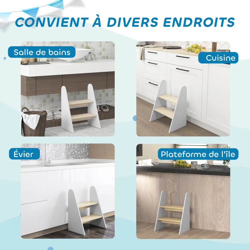 AIYAPLAY Marche pied enfant marchepied enfants 2 marches pour enfants 3 à 8 ans en bois charge max. 20 kg blanc