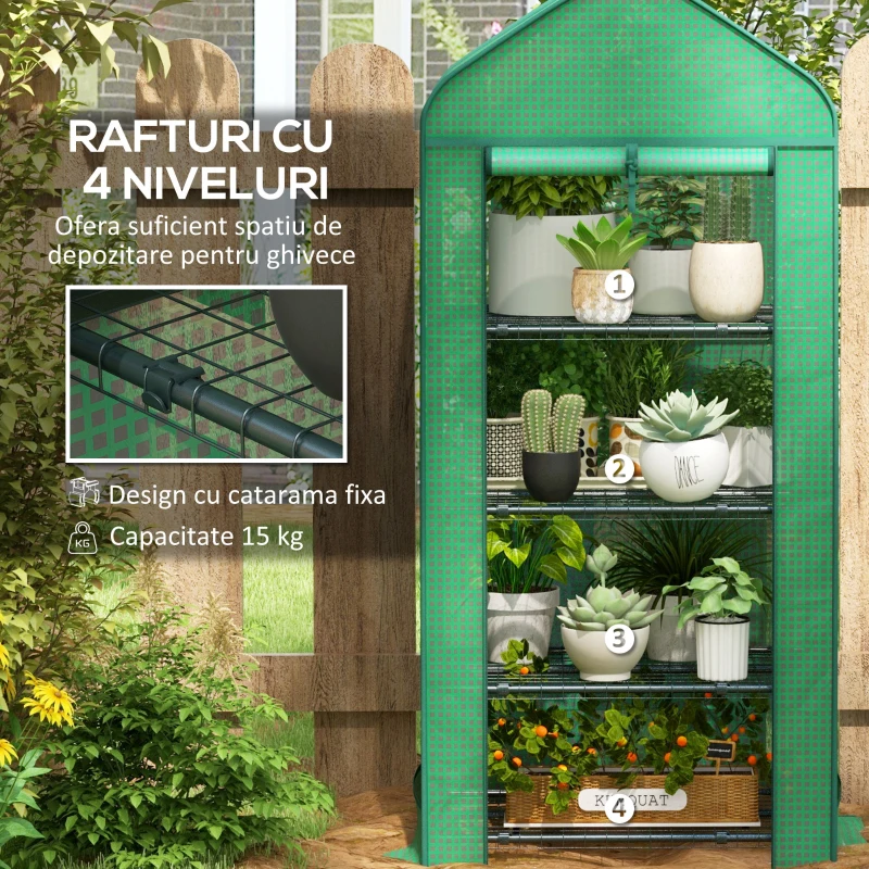 Outsunny Seră pentru Plante cu 4 Rafturi și Ușă Rulabilă, din Metal și PE, 69x49x158 cm, Verde Închis