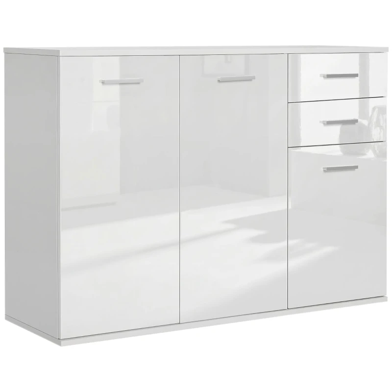 HOMCOM Buffet salon à haut brillance, meuble de rangement avec 2 tiroirs, 3 portes et étagère réglable, style contemporain, buffet salle à manger et cuisine, 106 x 35 x 76 cm, blanc