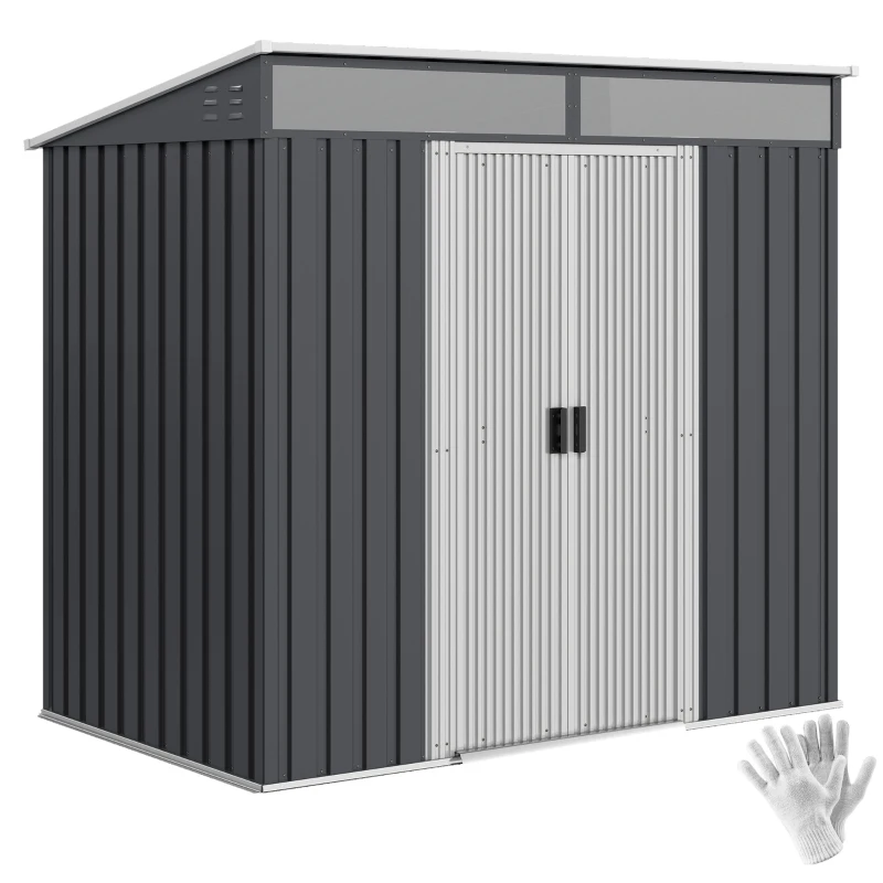Outsunny 6.5 x 4FT Galvanised Metal Shed with Foundation Kit, Lockable Tool Garden Shed with Double Sliding Doors, Vents, Grey