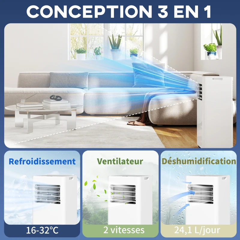 HOMCOM Climatiseur mobile 9000 BTU/H 3 en 1 refroidissement ventilateur déshumidificateur minuterie 24H et télécommande blanc