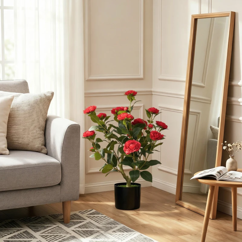 HOMCOM 65cm Artificial Camellia Flower Plant in Pot with 116 Lush Leaves & Moss Effect, Red