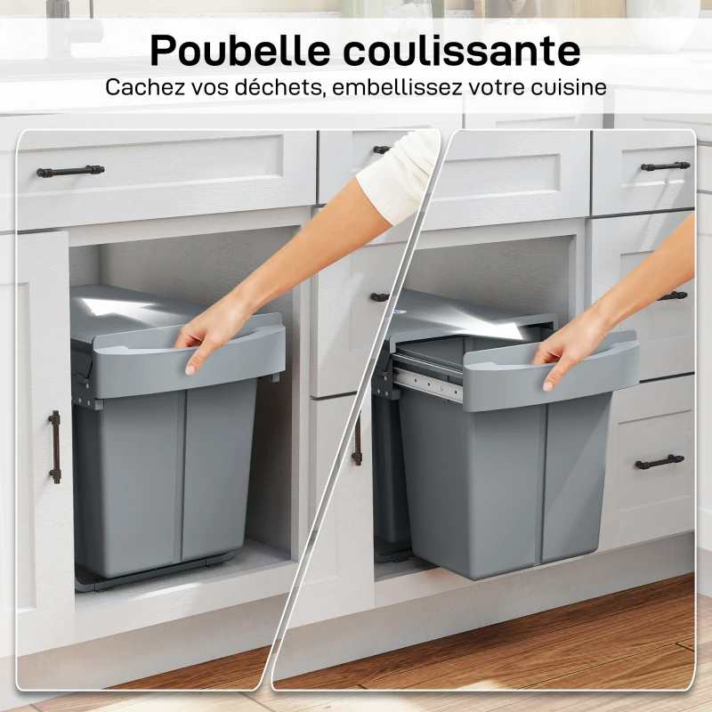 HOMCOM Poubelle cuisine, poubelle sous évier coulissante encastrable avec 2 x 20 L compartiments amovibles, 52x33,5x41cm, gris
