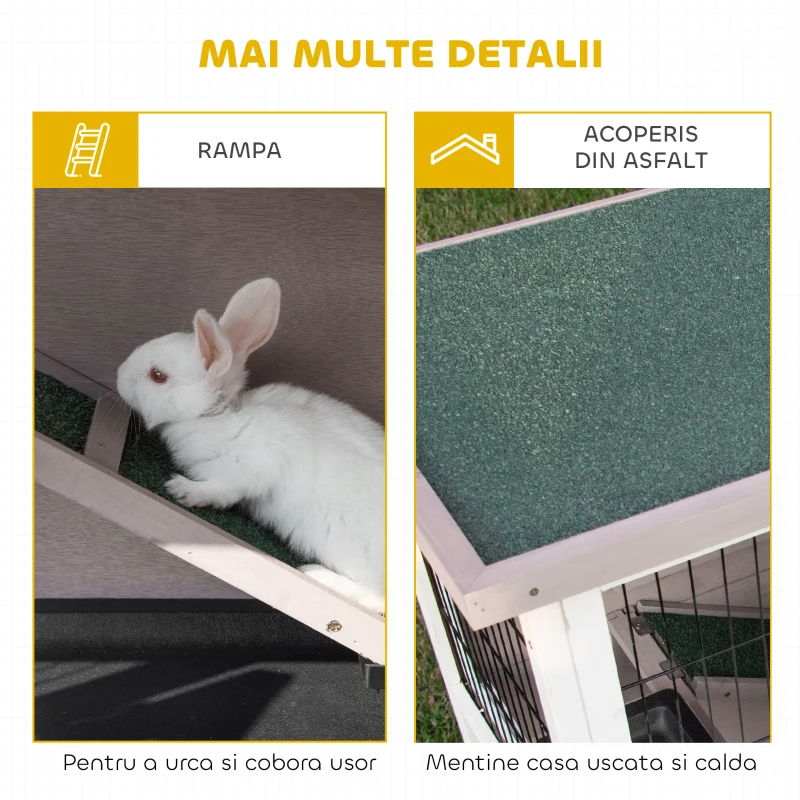 PawHut cușcă pentru iepuri din lemn cu 2 niveluri, acoperiș rabatabil, hrănitoare și tăvițe detașabile, 122x50x101 cm, maro