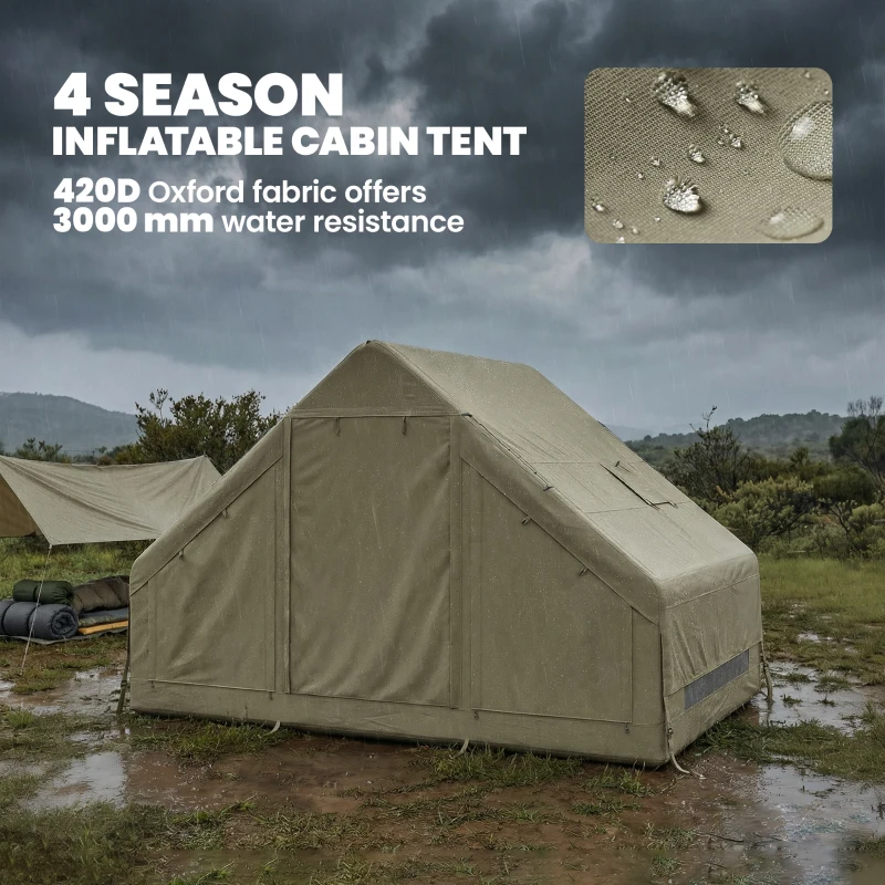 Outsunny Inflatable Camping Tent with Pump and Stove Jack Hole, Luxury Inflatable Tent with Mesh Windows, Doors, Olive Green