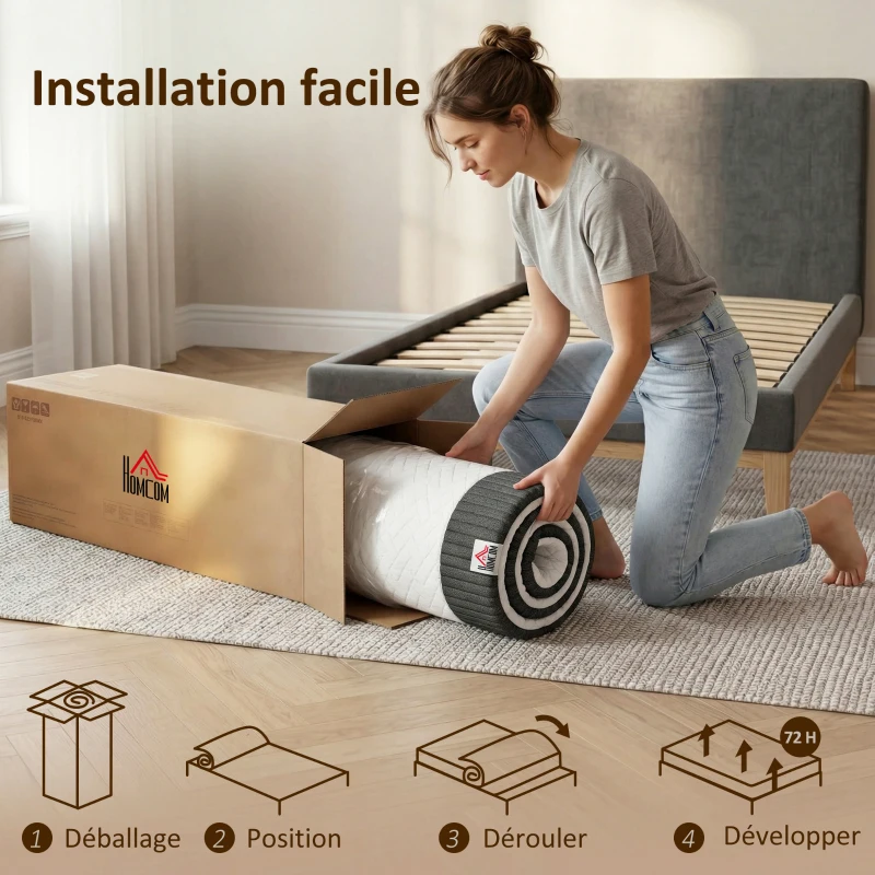 HOMCOM Saltea 140 x 190 cm, grosime 25 cm, spumă cu memorie, arcuri individuale 7 zone, fermitate medie