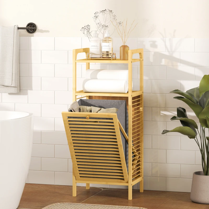 HOMCOM Meuble de rangement en bambou meuble de salle de bain étagère panier à linge basculant 40x30x95cm effet bois naturel