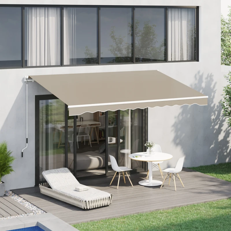 Outsunny Buiten handbediende knikarmluifel 4m met handslinger aluminium wit + beige(m-2)
