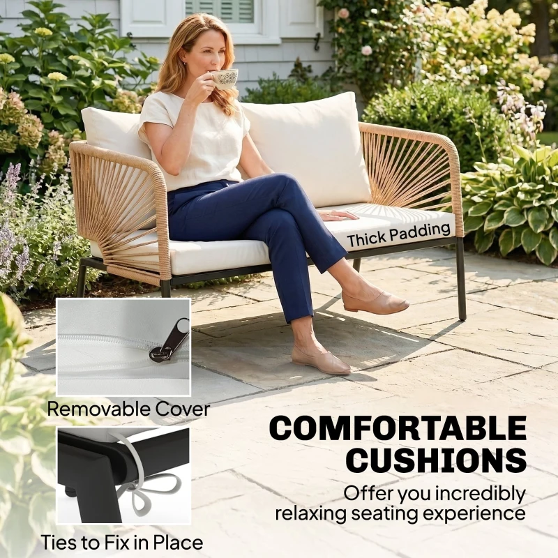 Outsunny Zestaw Mebli Ogrodowych dla 4 Osób z Sofą, 2 Fotelami, Stolik Kawowy z Lamellami, Zdejmowane Poduszki