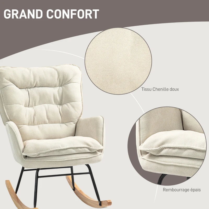 HOMCOM Fauteuil à bascule, rocking chair en chenille, dossier et assise larges rembourrés, accoudoirs, 71 x 98,5 x 97 cm, beige