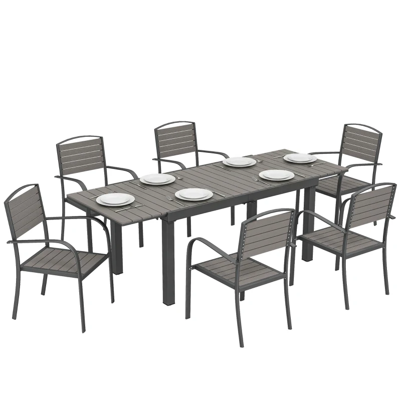 Outsunny Gartenmöbel Set Sitzgruppe 7-teilig Ausziehbar Tisch mit 6 Stühlen Holzoptik Lamelldesign Aluminiumrahmen