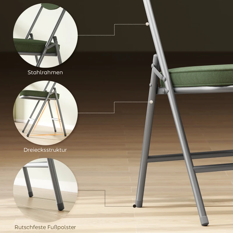 HOMCOM 4er-Set gepolsterte Klappstühle, Faltbare Stühle mit Cordbezug, Rückenlehne, Metallrahmen, Grün