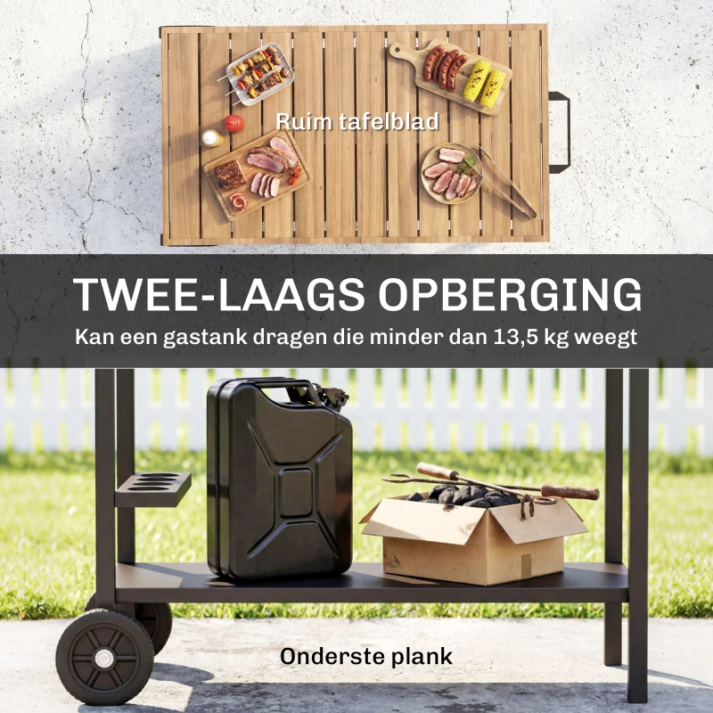 Outsunny Keukenwagen met wielen, serveerwagen, trolley met haken, bekerhouder, metaal, 97 x 51 x 83 cm Zwart+Bruin