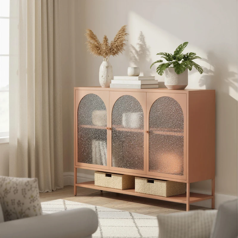 HOMCOM Buffet salon, meuble de rangement avec 3 portes vitrées cintrées et étagère ouverte, 140 x 40 x 105 cm, rouille