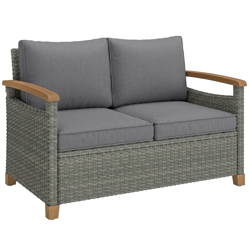 Outsunny 2 Seater Rattan Garden Sofa, Outdoor Sofa with Thickened Cushions and Acacia Wood Armrests, Dark Grey