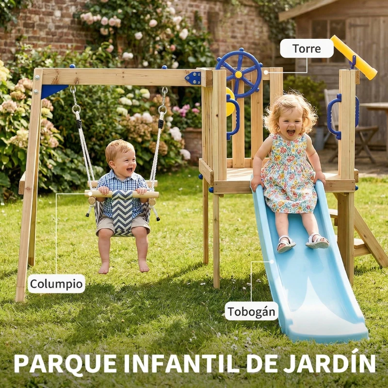 AIYAPLAY Columpio y Tobogán Infantil Exterior de Madera con Volante Telescopio para Niños de 18-48 Meses Madera Natural
