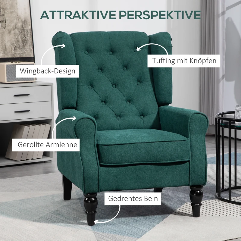 HOMCOM Eleganter Ohrensessel, dick gepolstert, abnehmbarer Bezug, 74 x 86 x 102 cm, Dunkelgrün